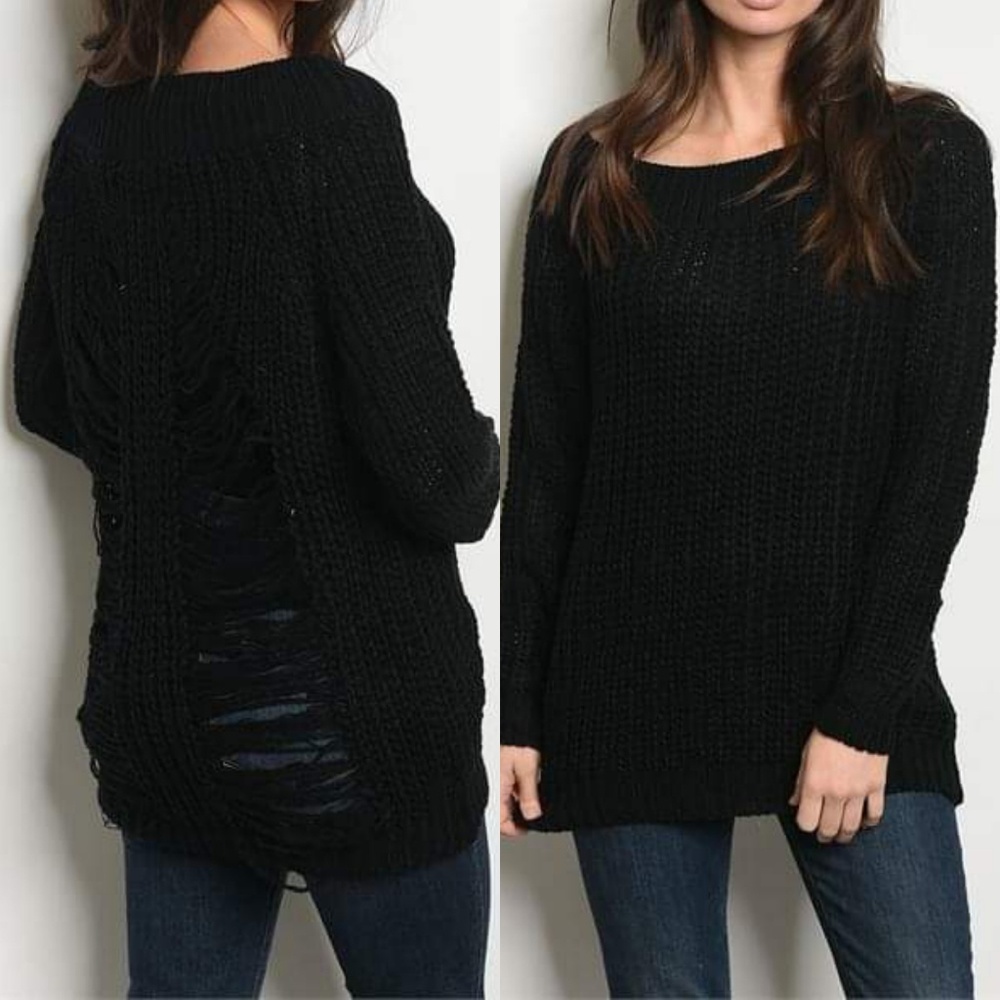 SLASHED DISTRESSED BACK KNIT SWEATER (BLACK)